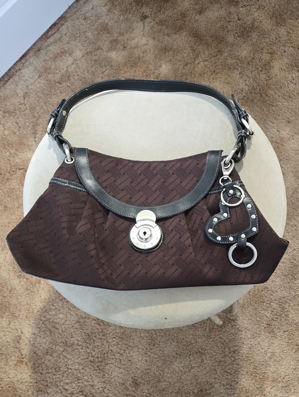 Vintage Nine West Y2K Brown Woven Shoulder Bag Hobo with Studded Heart Charm